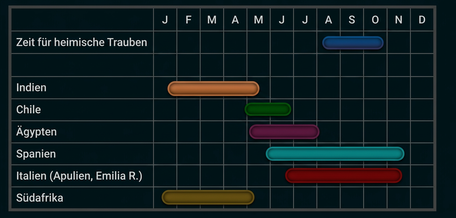 Balkendiagramm zur Verfügbarkeit heimischer Trauben und Importen nach Monaten.